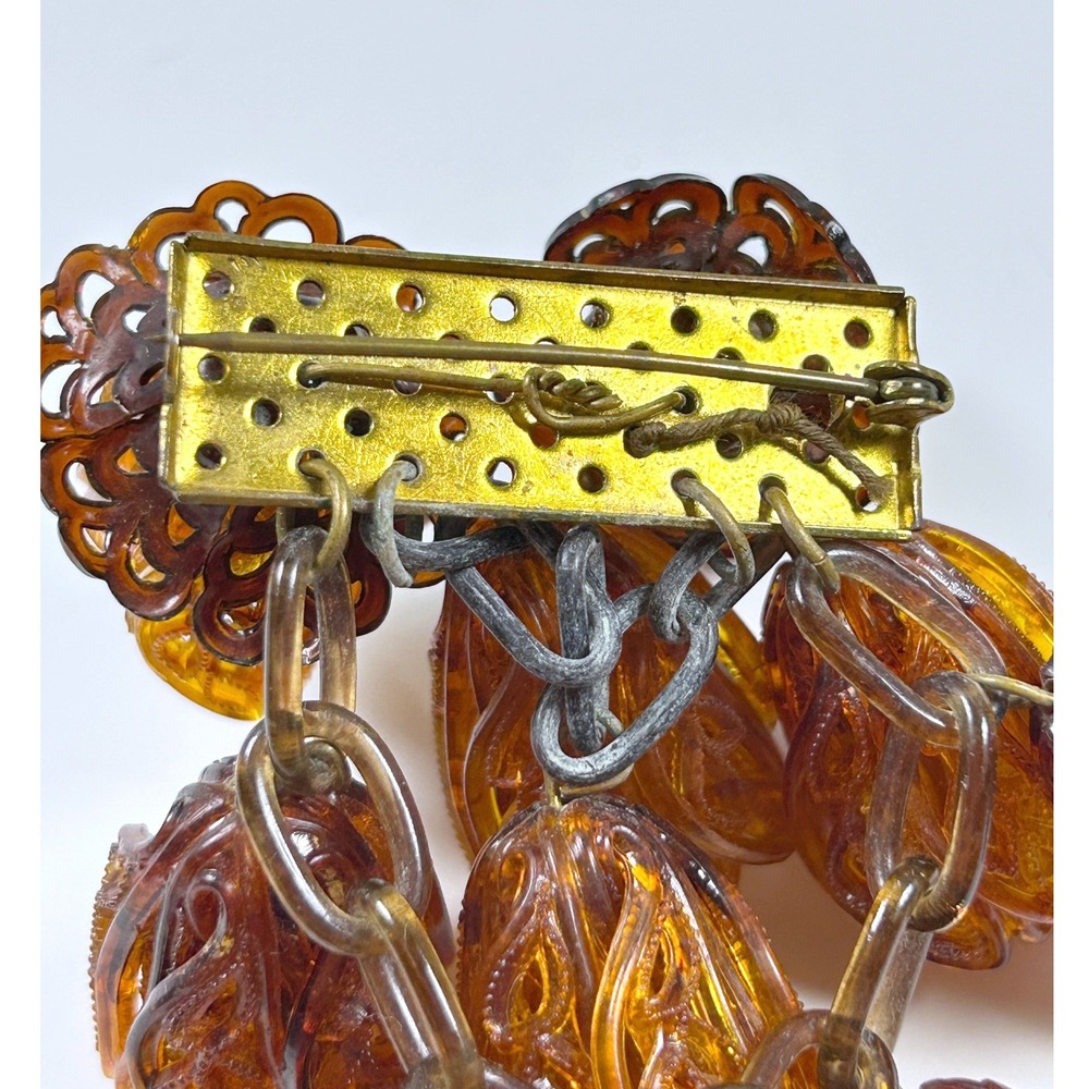 Rare Vintage 1930s/40s Oversized Amber Lucite Flower Dangle Brooch Unique - Picture 8 of 11